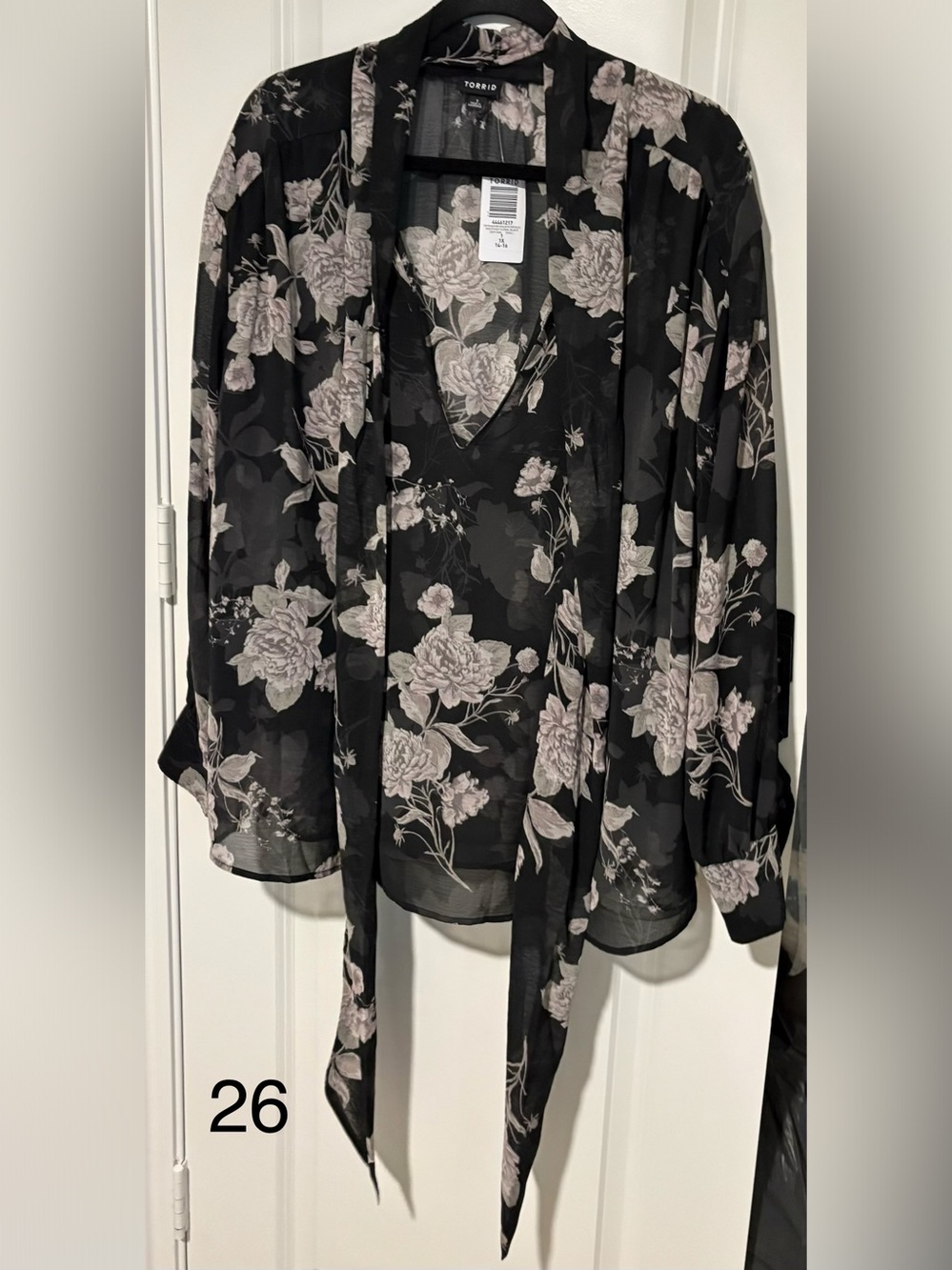 torrid Black Sheer Floral Tie-Front Blouse with Pale Pink Blooms
